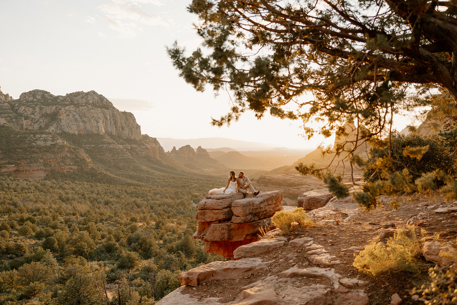 Sweeping desert scene with a couple nestled on a ledge, framed by pine branches and golden hour light.