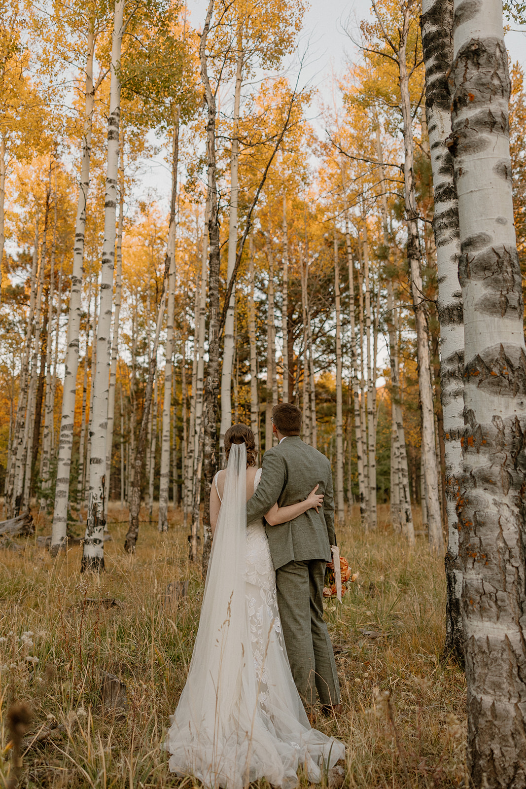 Bride and groom take in the view of a golden aspen grove in fall, holding each other close during their quiet forest elopement.
