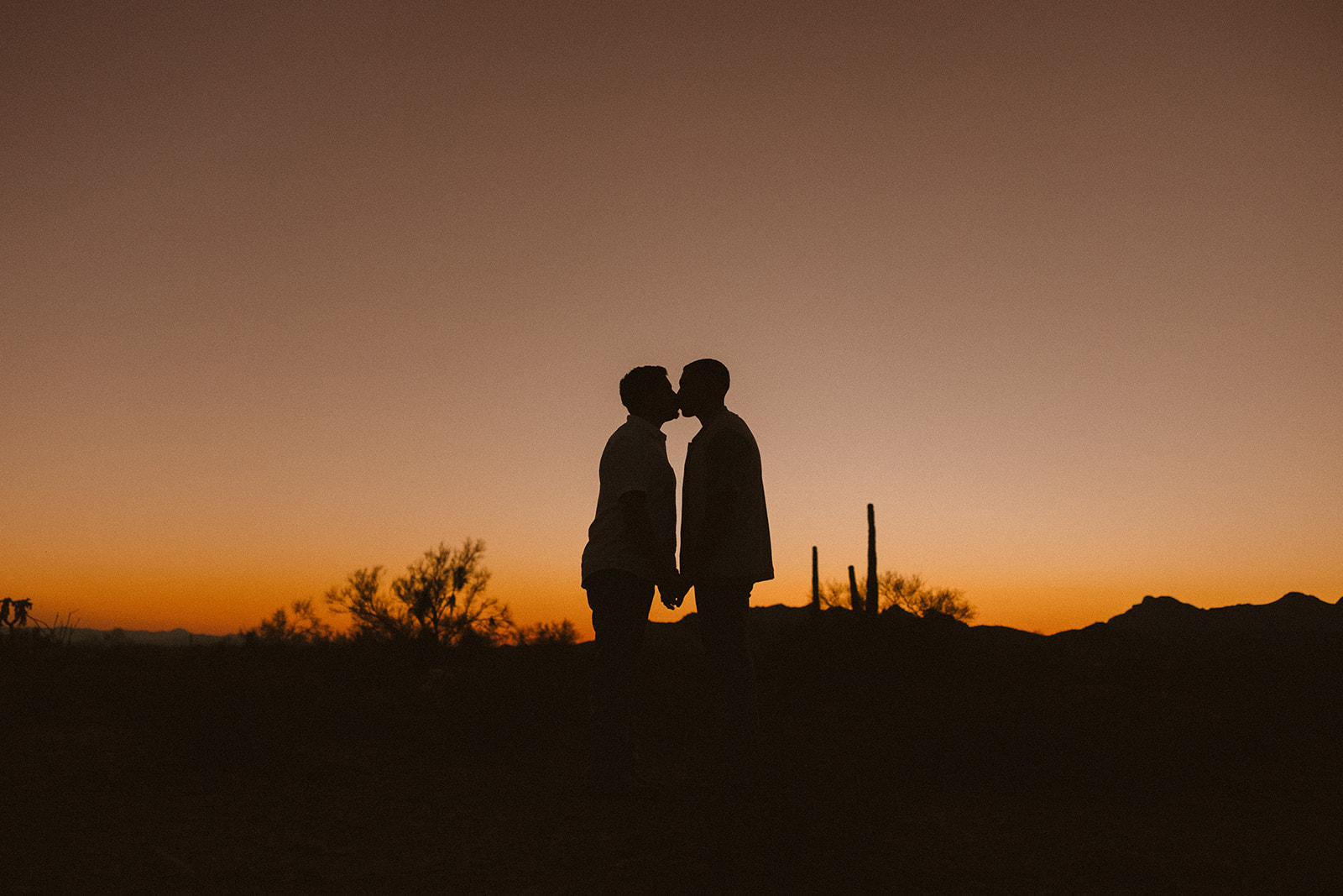 Silhouette of two grooms kissing at sunset, framed by cacti and glowing orange sky during their desert engagement photos.