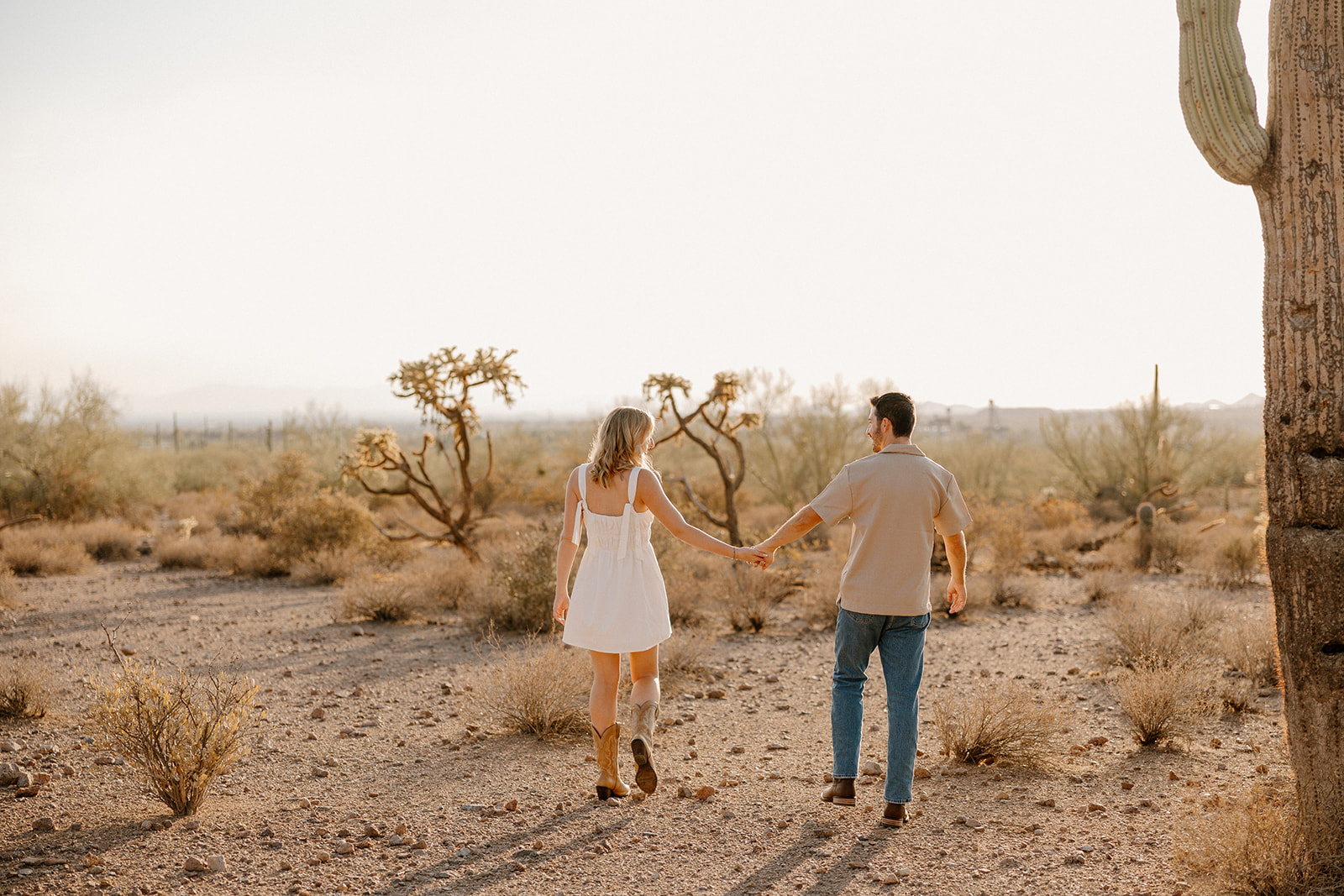 Couple holding hands and strolling away from the camera into a sun-drenched desert landscape.