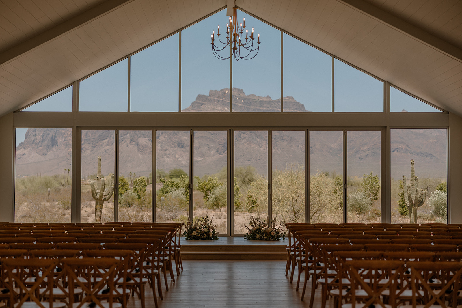 Wide view of the Superstition Mountains outside the indoor ceremony space at Desert Views