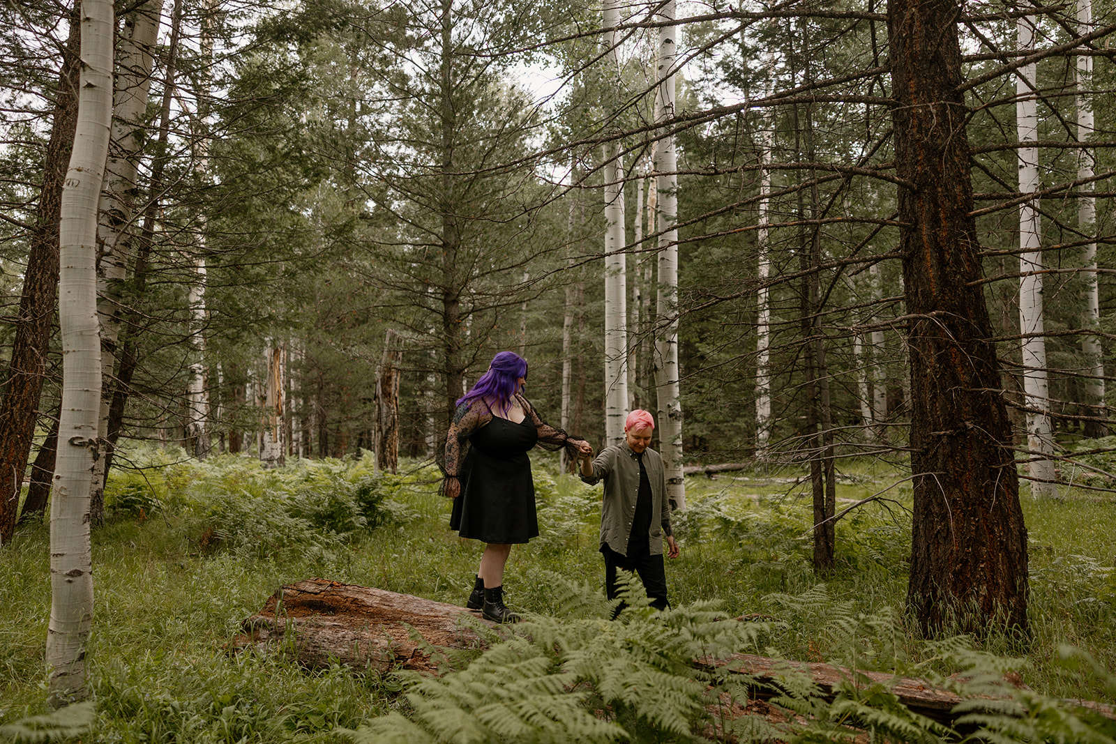 Playful moment of a couple balancing on a fallen tree, holding hands as one leads the other through the ferns—perfect for adventurous engagement photo ideas.