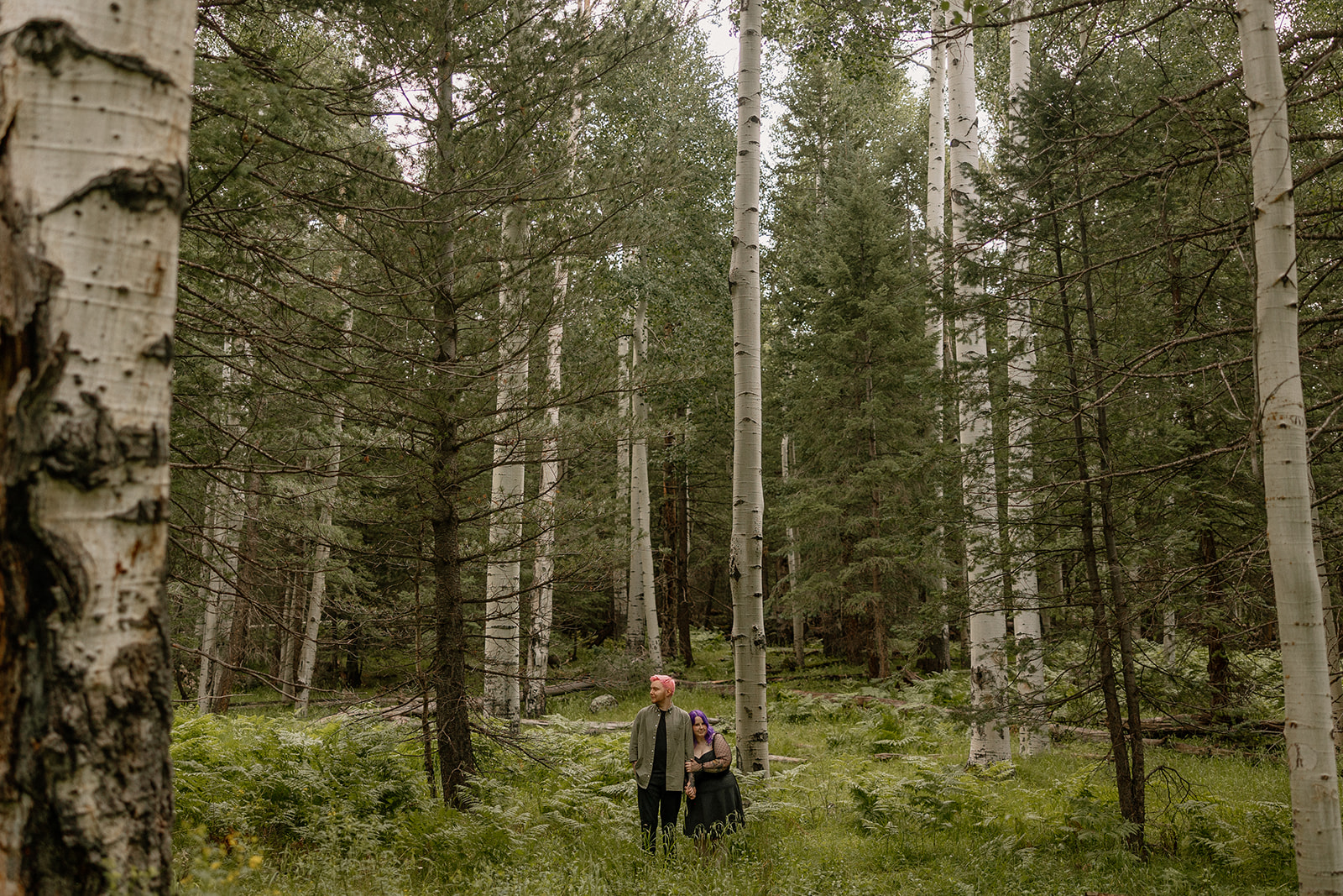 Couple standing close together in a serene aspen forest, surrounded by tall trees and lush greenery.