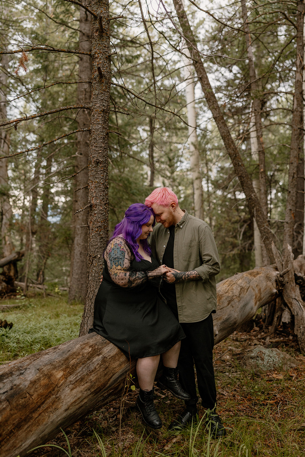Couple shares a soft moment, heads touching as they hold hands with the woman sitting on a fallen tree in the forest.