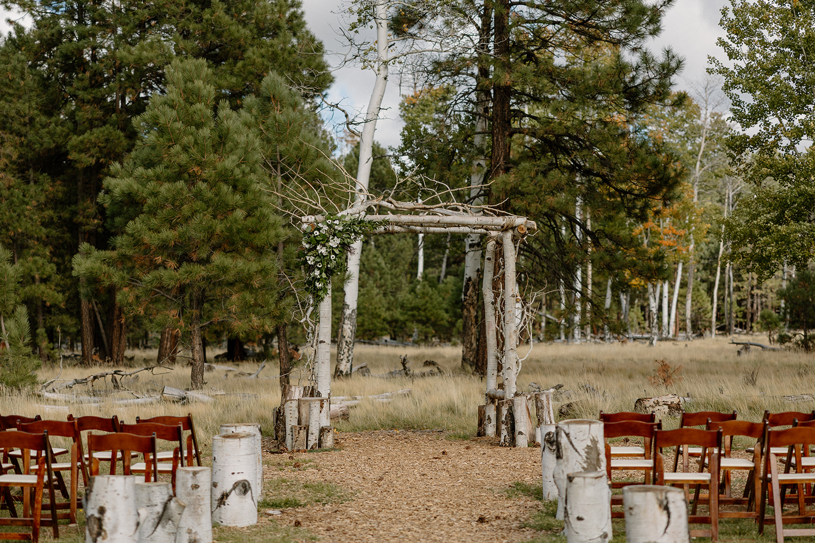 Ceremony setup with wooden chairs and a birch archway in a clearing, surrounded by towering trees at Nordic Village AZ.