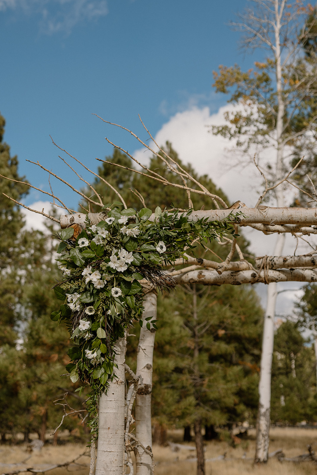 Floral detail of white anemones and greenery cascading from a birchwood ceremony arch under a clear blue sky.