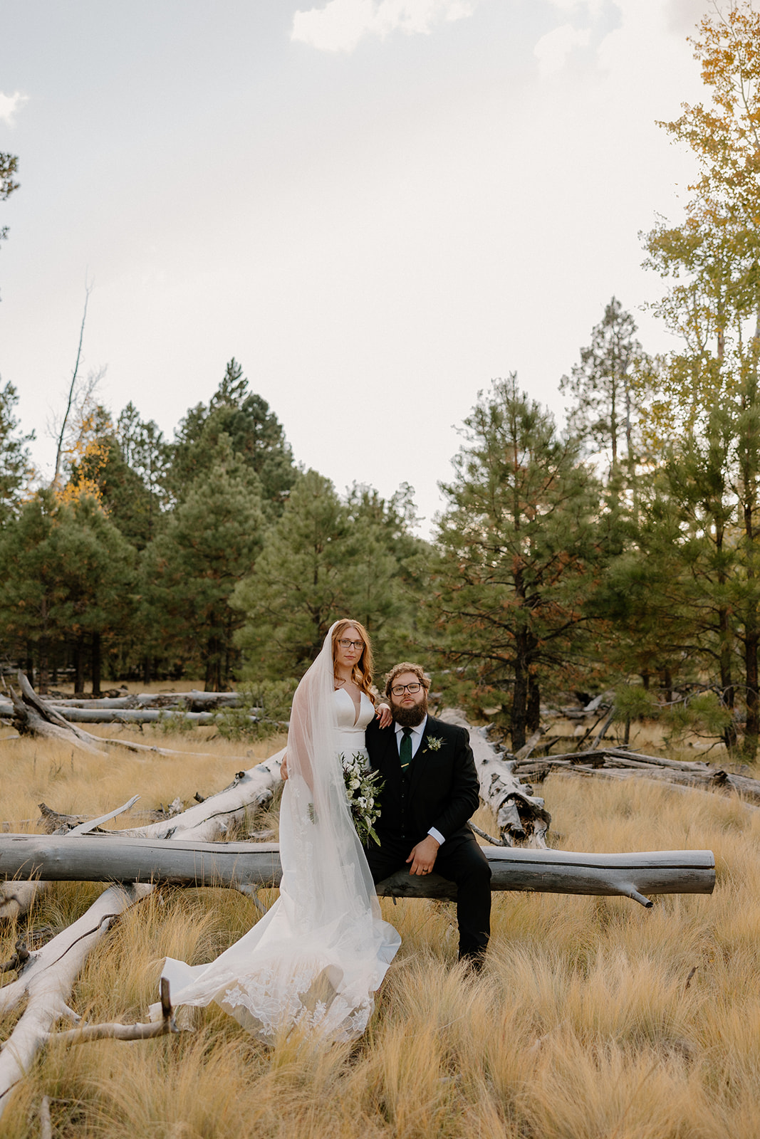 Bride and groom pose on a downed log together, surrounded by tall grasses and forest stillness at Nordic Village AZ.