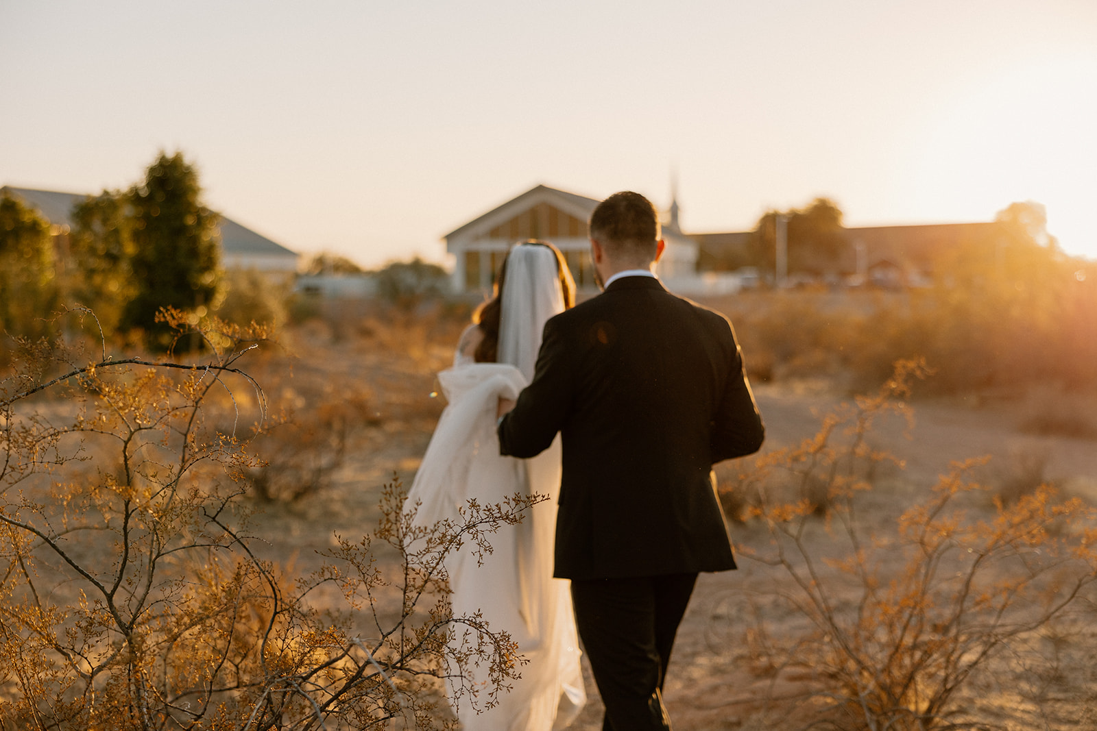 Bride and groom walk hand in hand through the desert golden hour, a cinematic moment captured in this wedding planning guide.