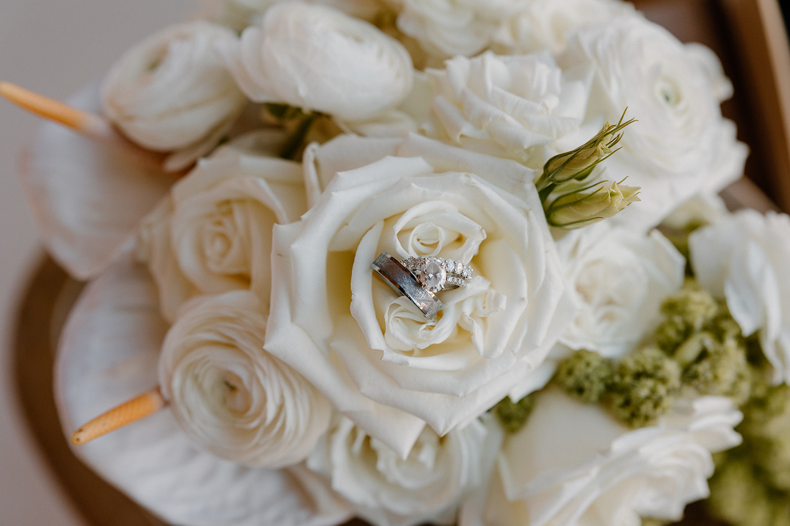 Wedding rings nestled in a bouquet of creamy white roses, perfect for flat lay or detail inspiration in a wedding planning guide.