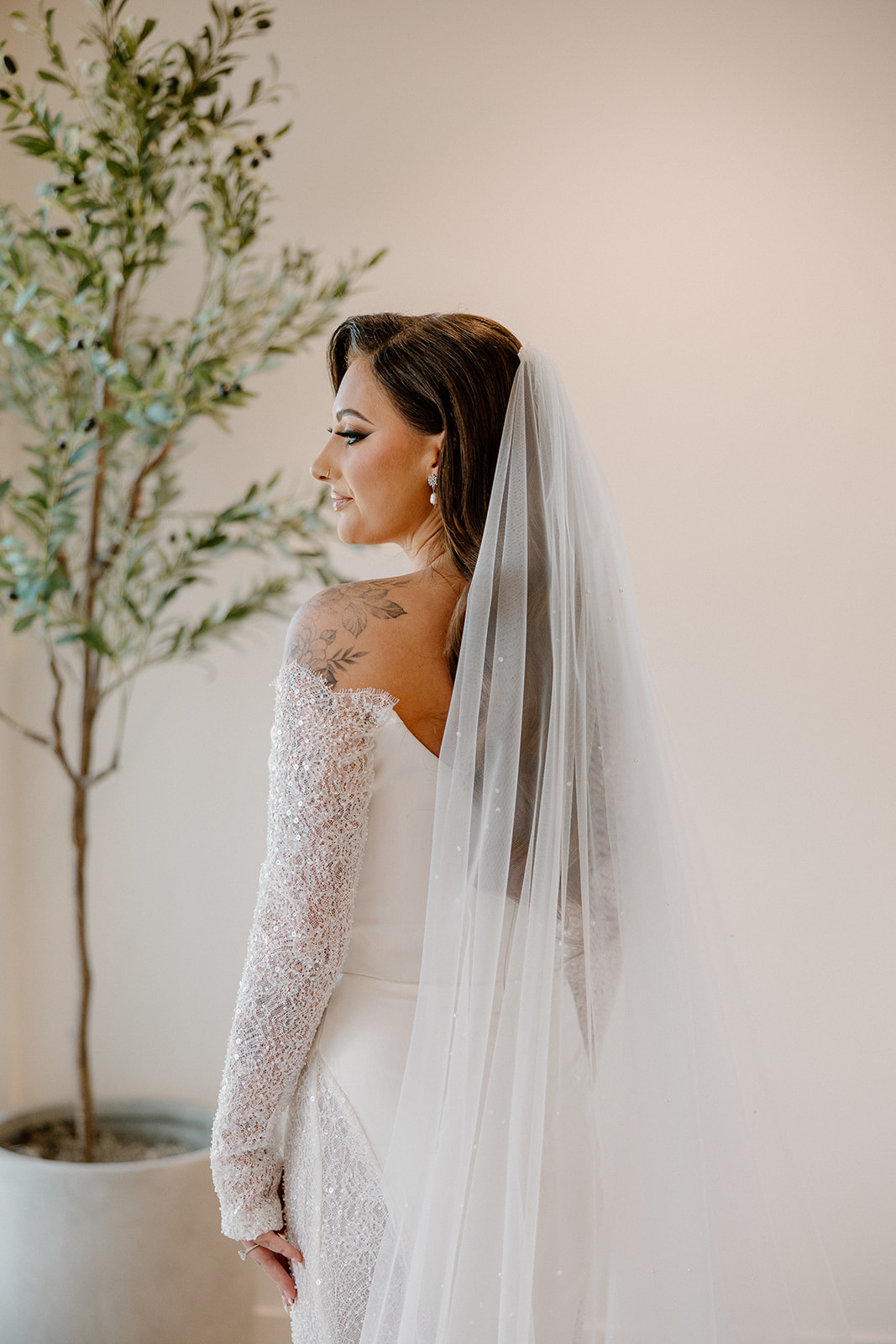 Bride stands indoors in front of a soft neutral wall and potted olive tree, her veil cascading behind her and a serene expression on her face.