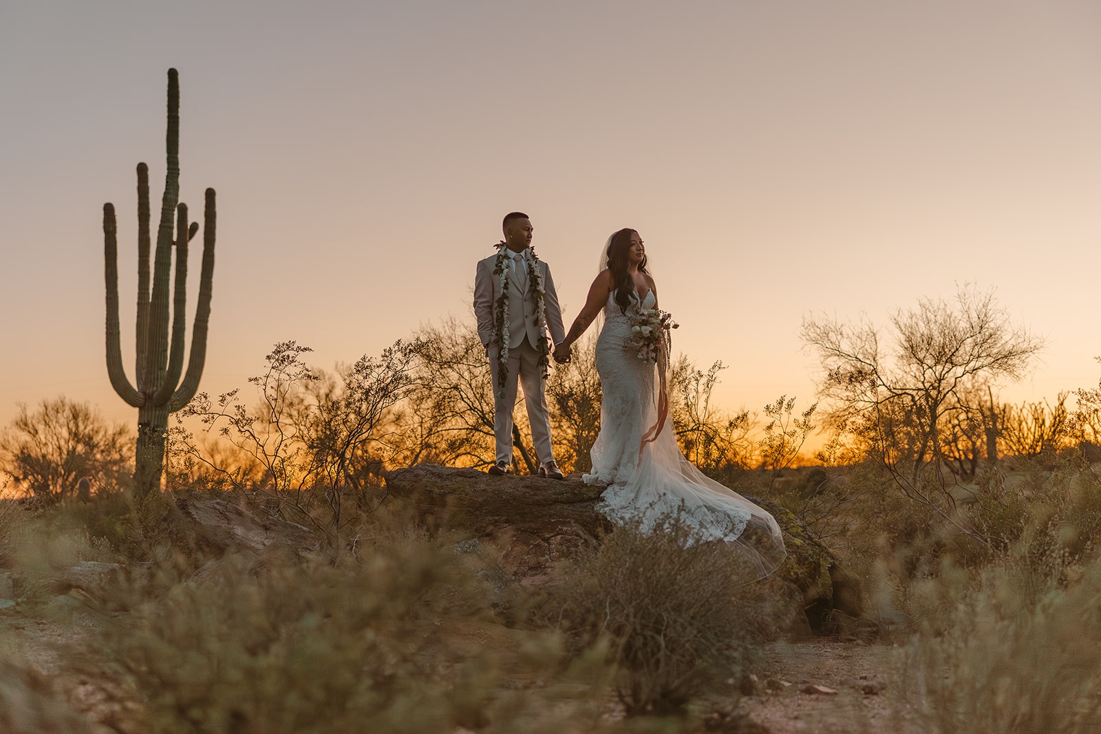 Bride and groom standing on a desert rock at sunset, cactus beside them, glowing with love during their The Paseo wedding.