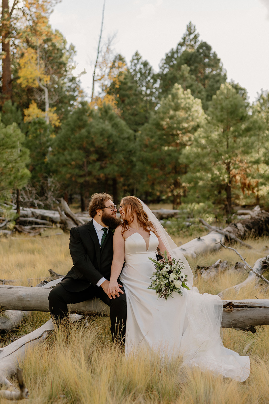 Bride and groom sitting on fallen logs in a quiet forest after they elope in Arizona.