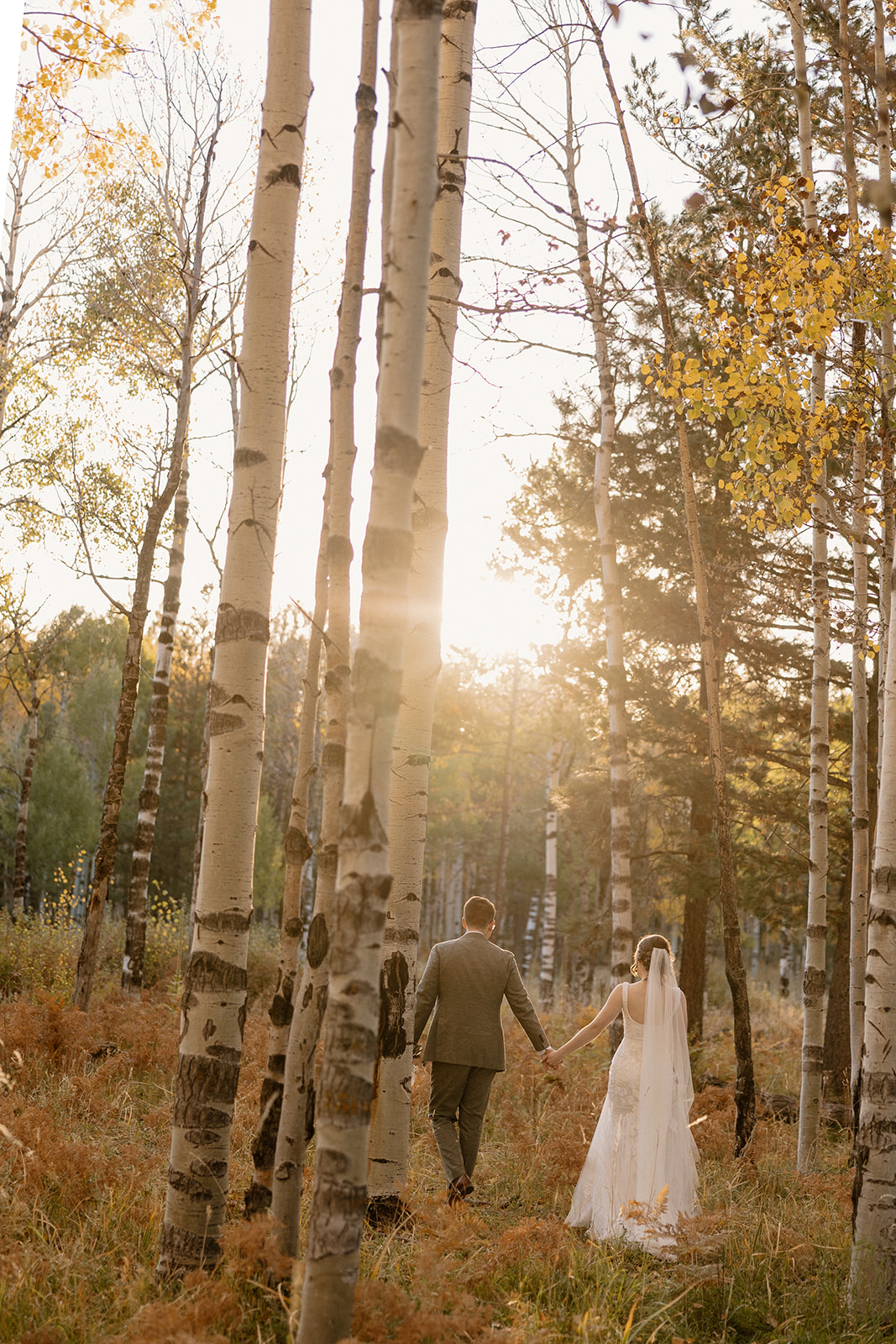 Bride and groom walk hand in hand through golden aspens as sun shines through at intimate Arizona elopement location. 