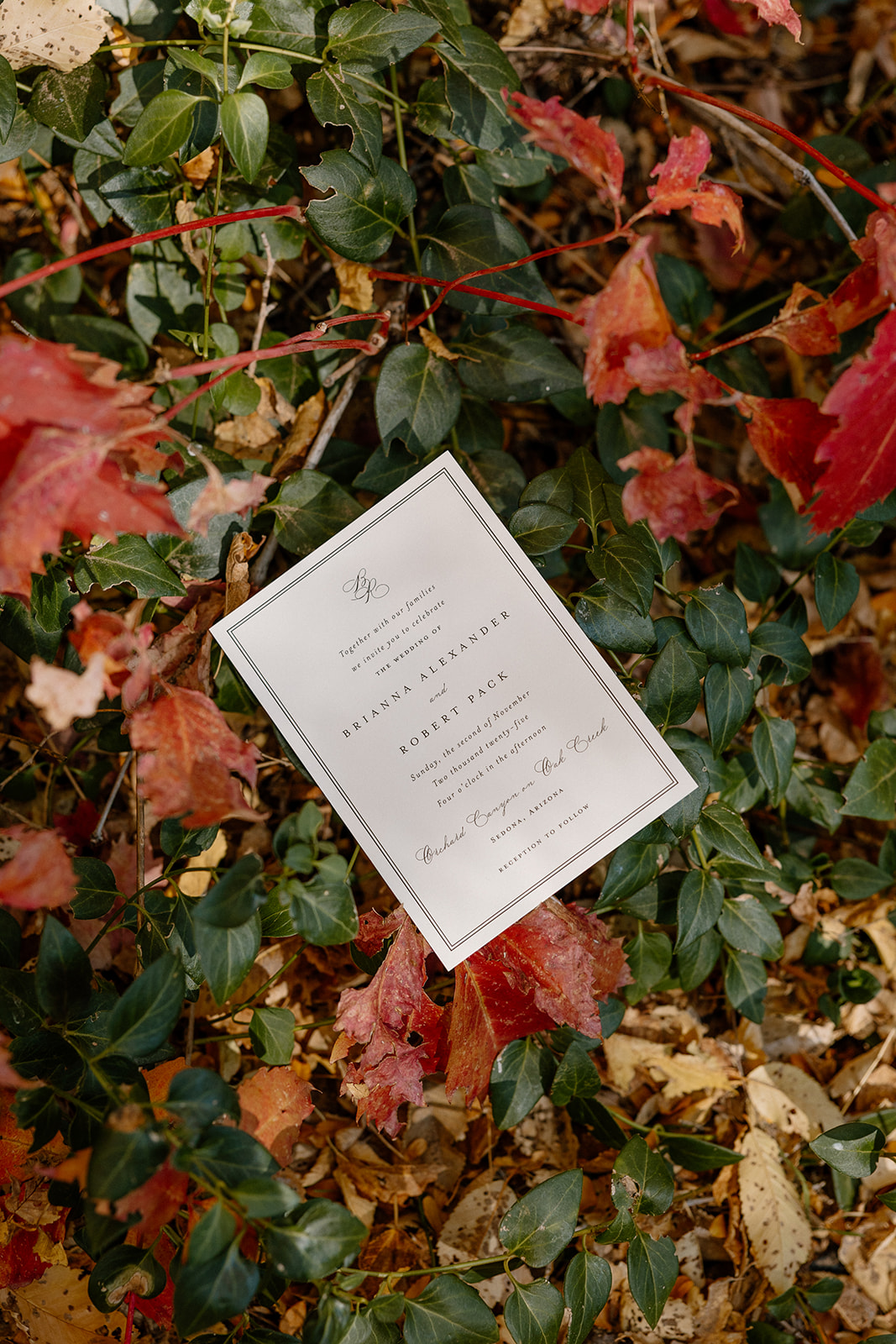 Flat lay of wedding invitation styled with fall leaves at a Sedona wedding venue