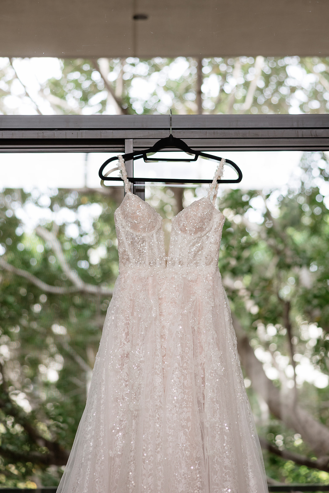 Wedding dress hanging in front of a window with greenery outside at the Biltmore wedding venue

