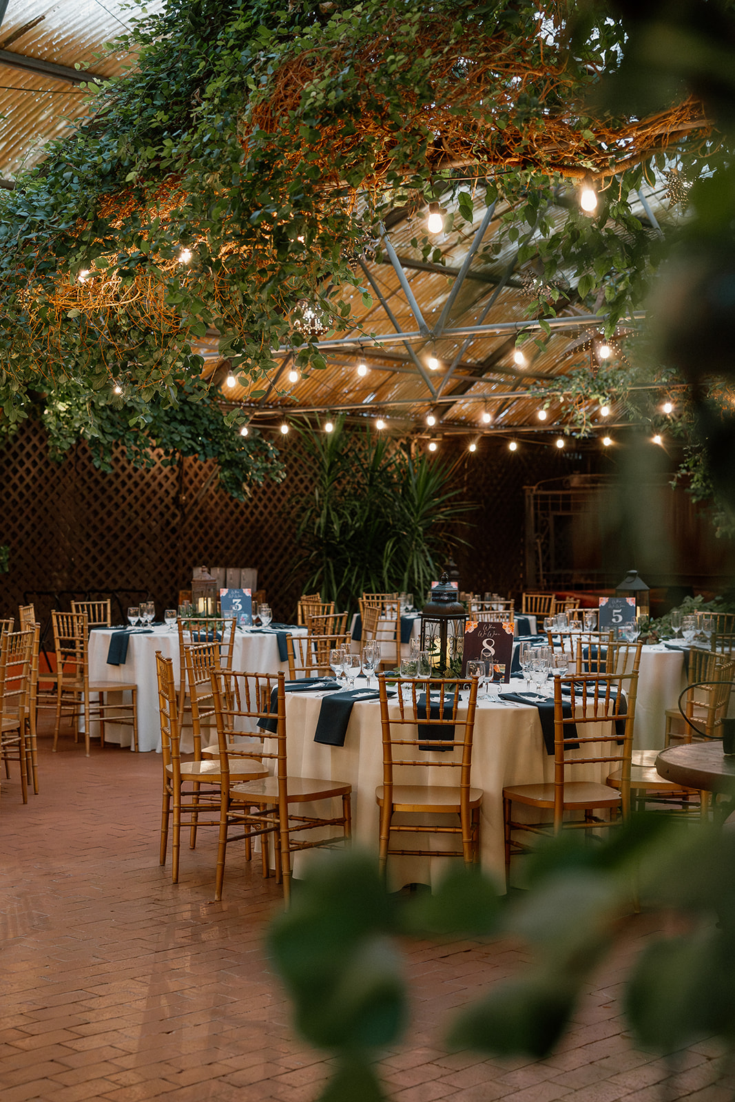 Elegant reception space with hanging lights and greenery at Arizona wedding venues indoor garden
