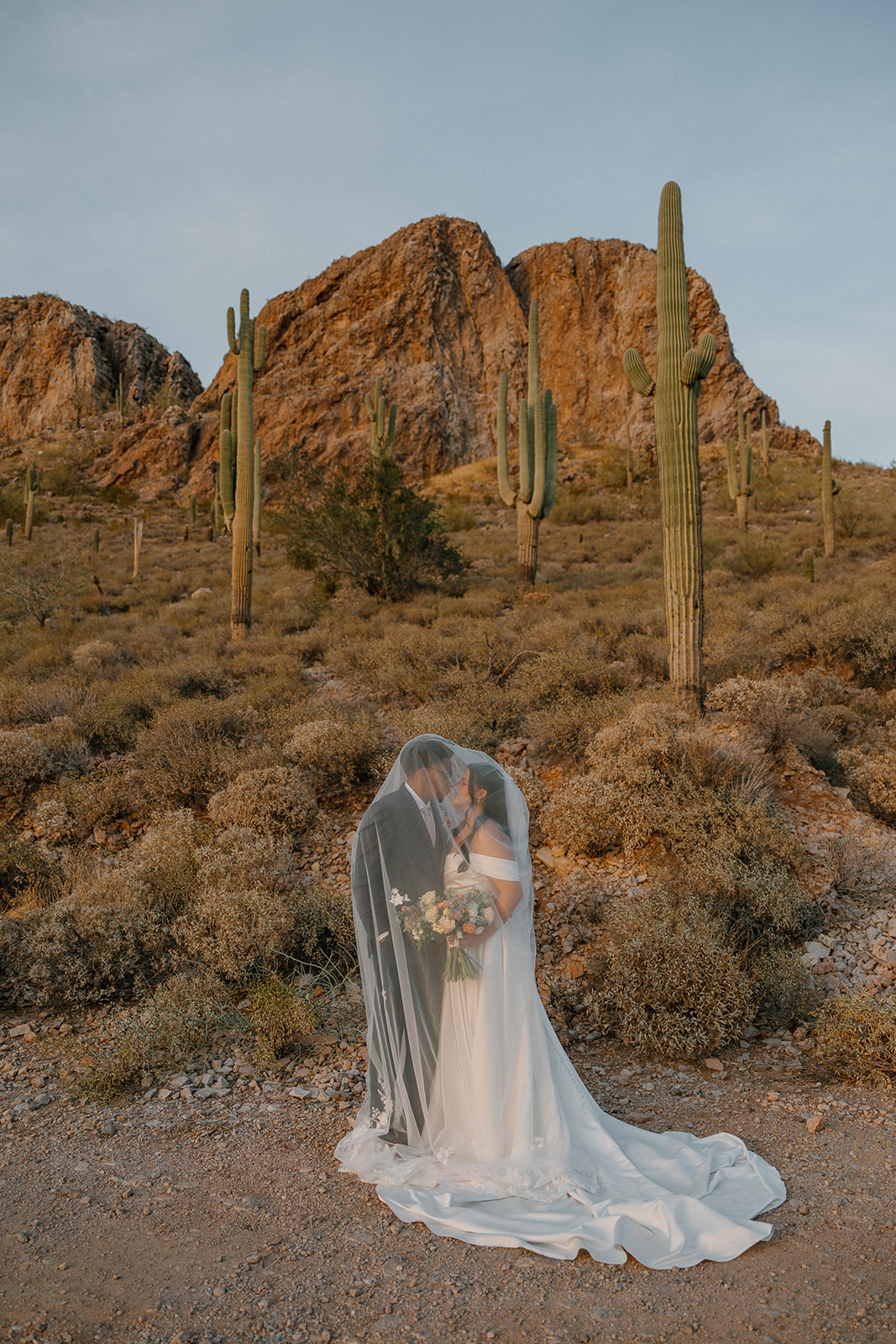 bride and groom standing together in desert with cactus and mountains at gold canyon golf resort wedding
