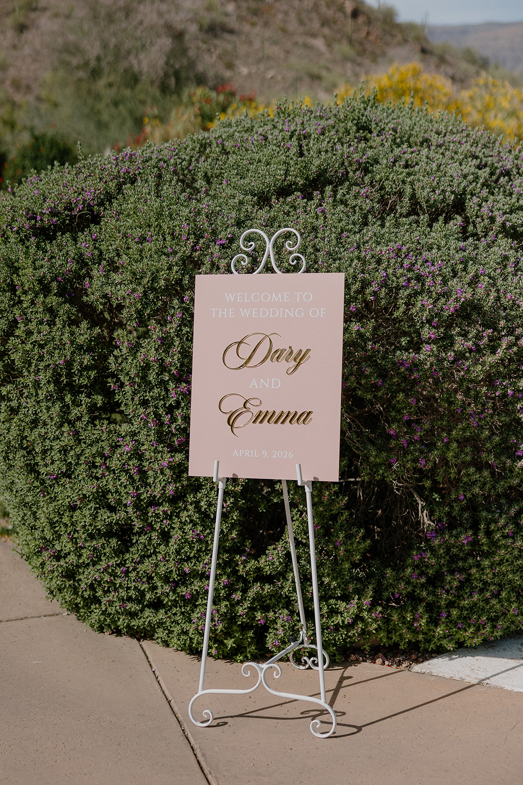 welcome sign displayed outside ceremony space at gold canyon golf resort wedding