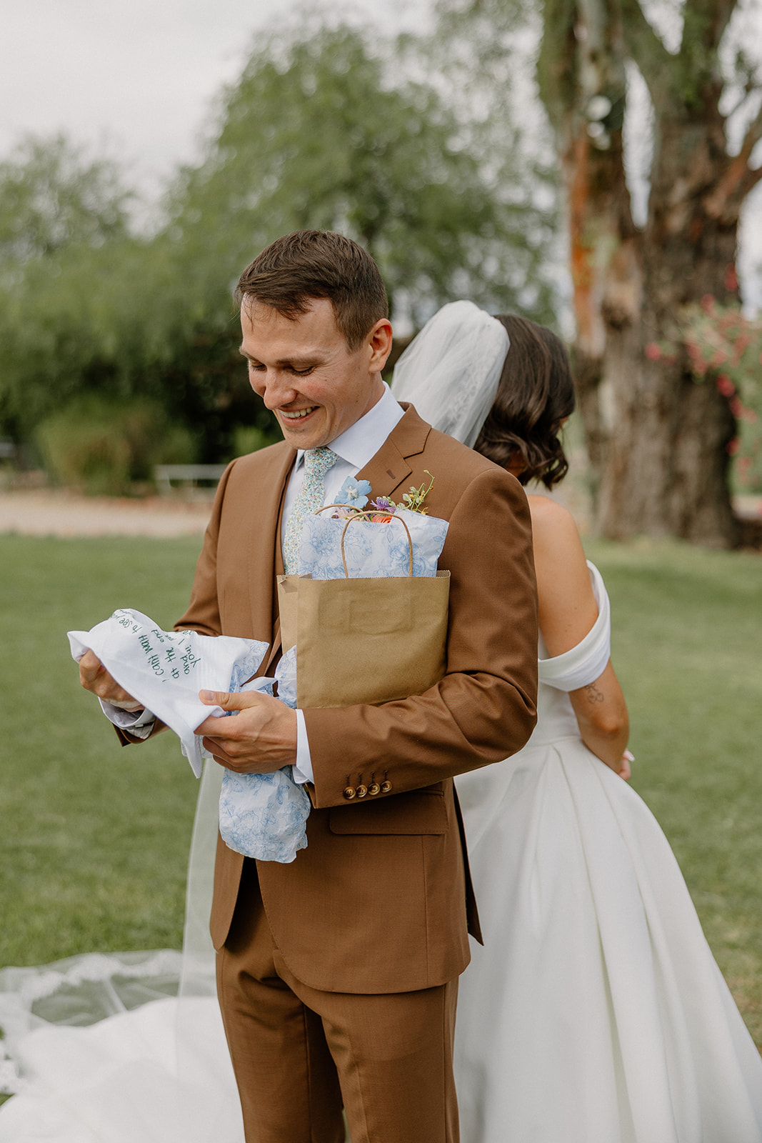 A bride and groom during their first touch