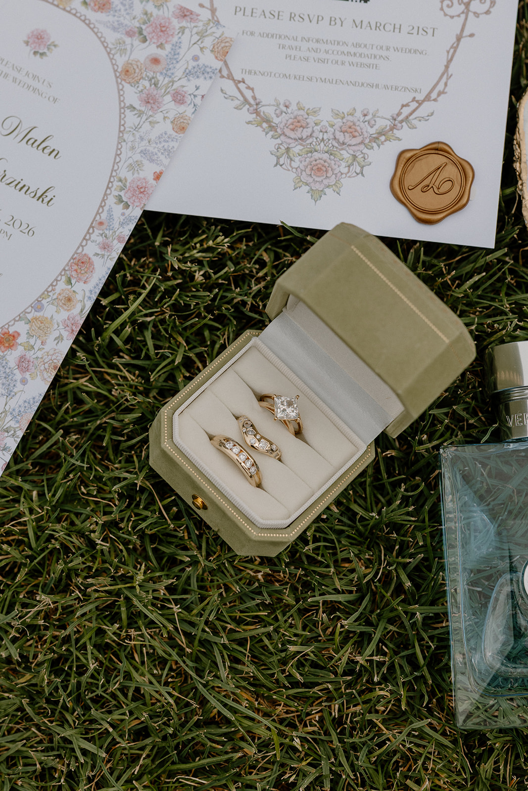A wedding flat lay with wedding details