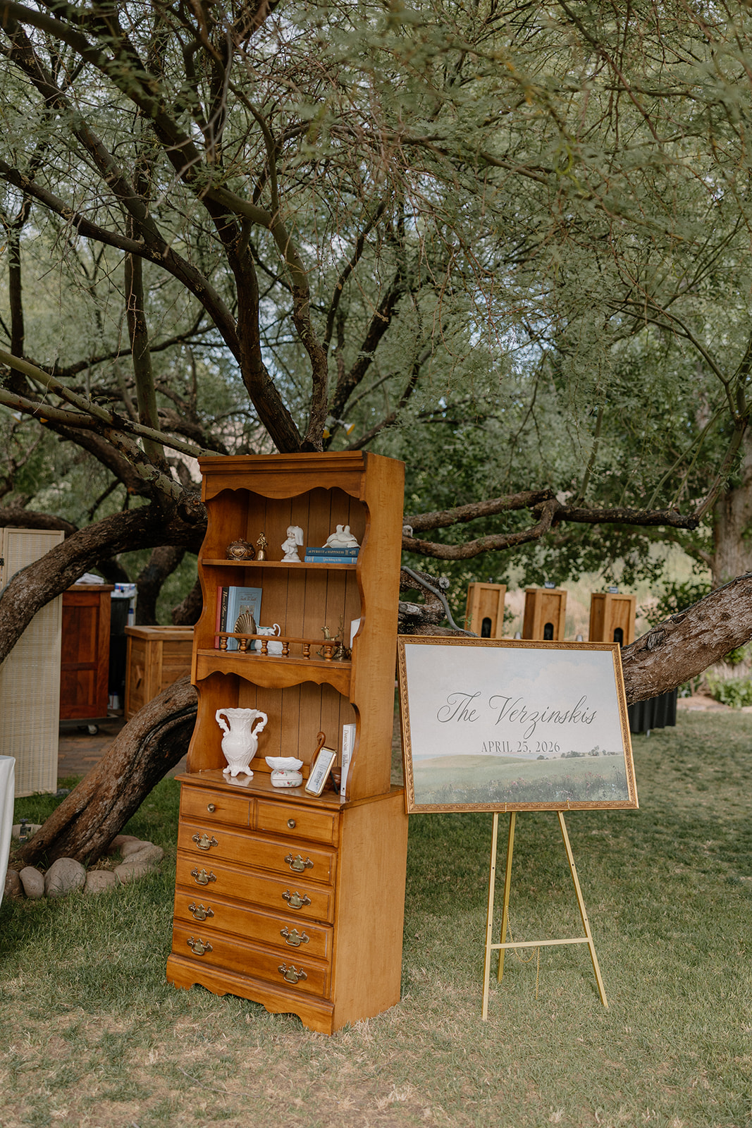 thrifted wedding decor in photos of wedding details
