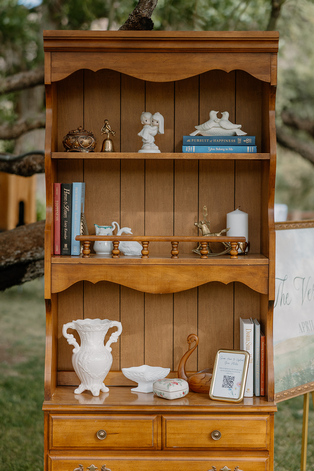 thrifted wedding decor in photos of wedding details