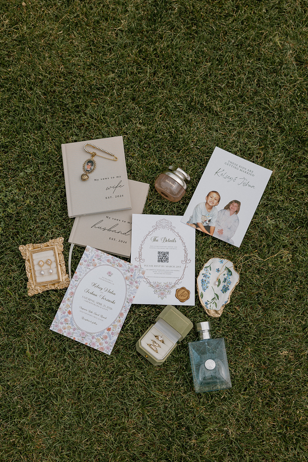 A wedding flat lay with wedding details