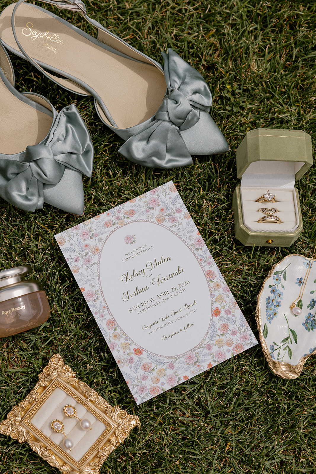 A wedding flat lay with tons of wedding details