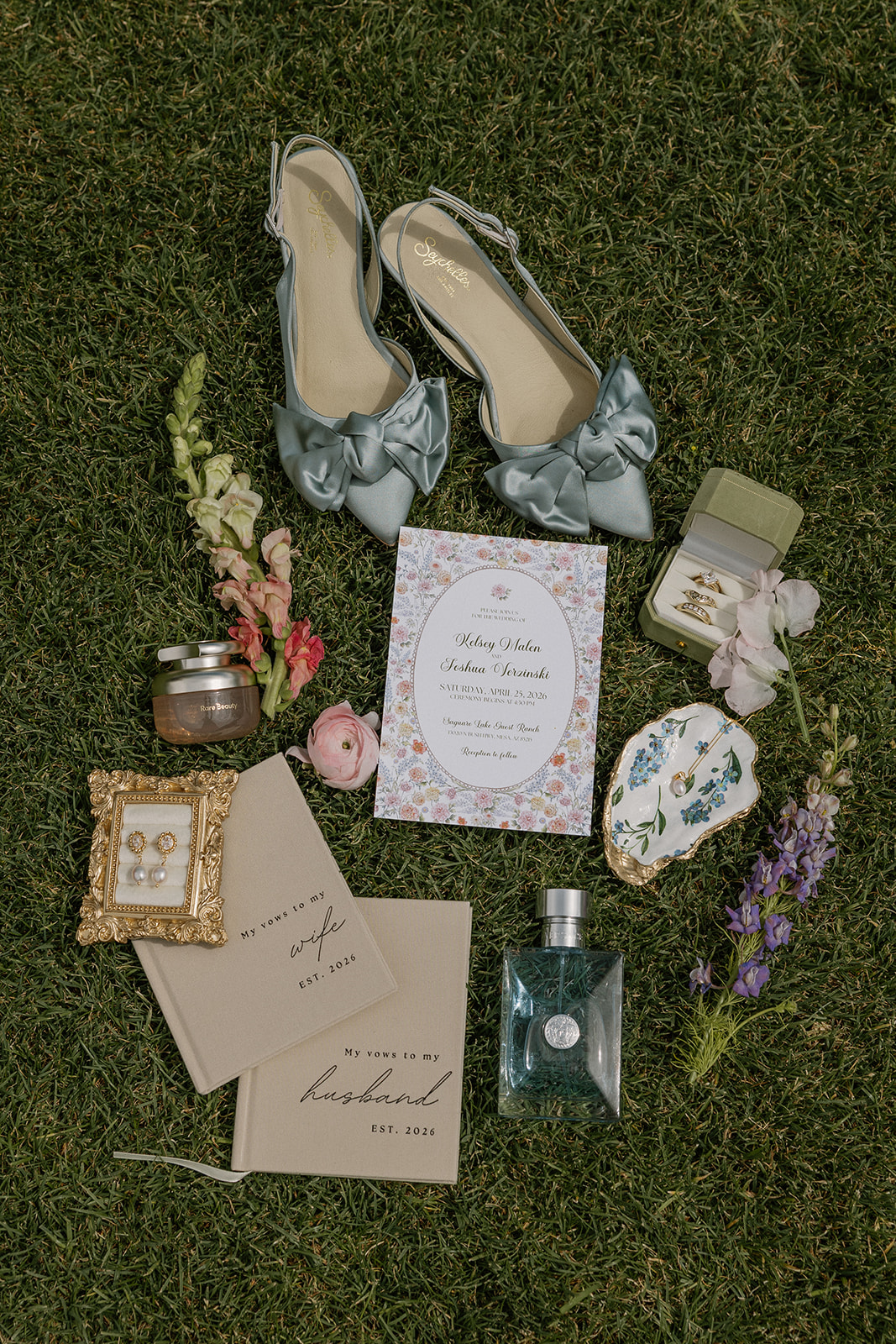 A wedding flat lay with tons of wedding details