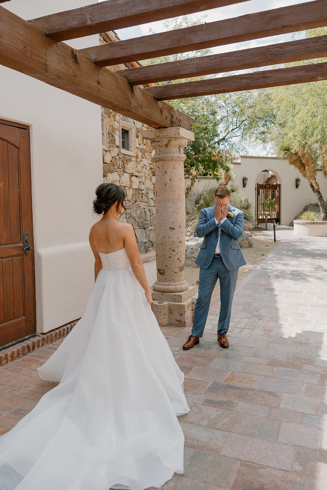 A bride and groom during their wedding first look